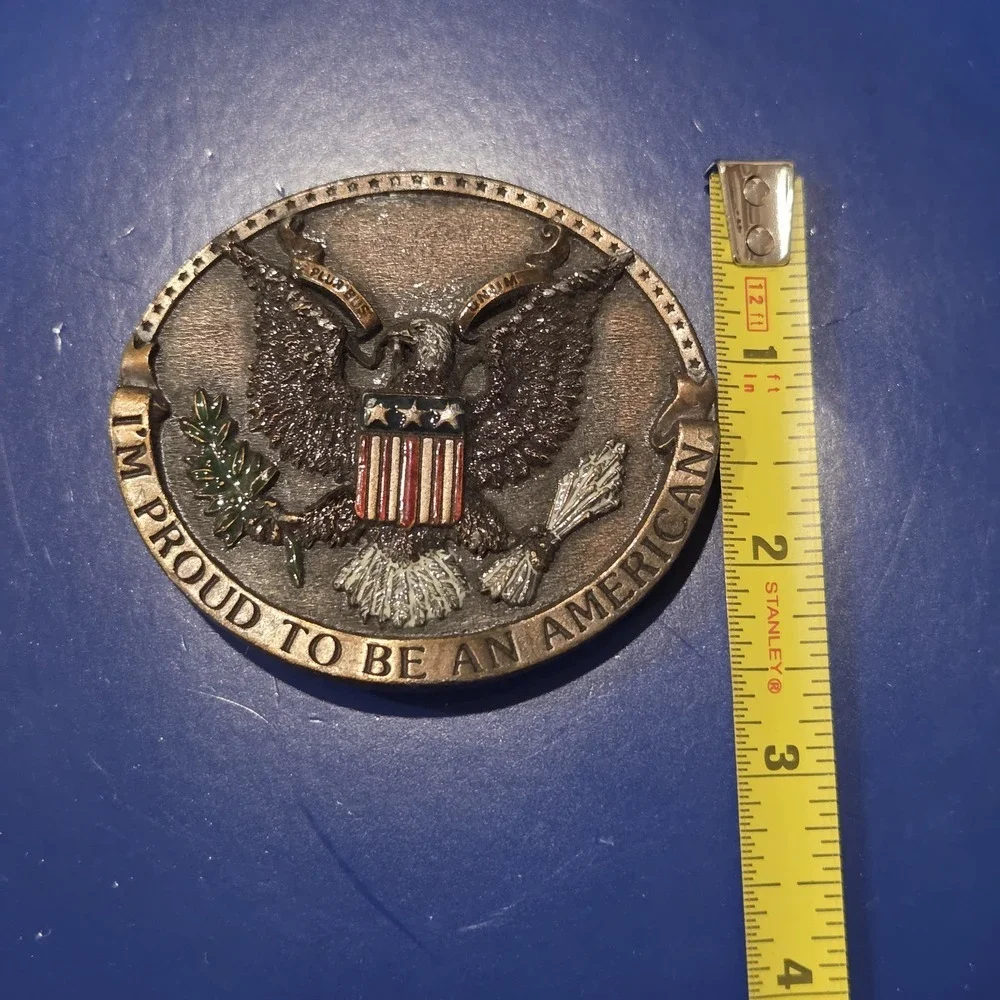 I'm Proud to Be an American Great Seal Eagle Belt Buckle Round Brass Enamel